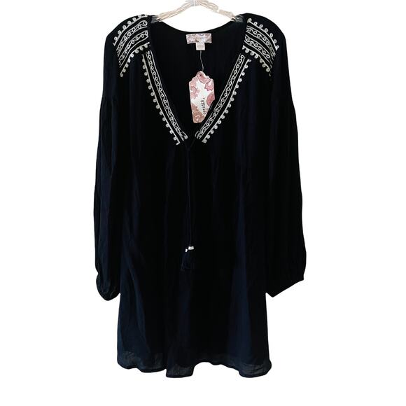 Band Of Gypsies Black Embroidered Boho Tassel Dress Size Large NWT - Picture 2 of 9